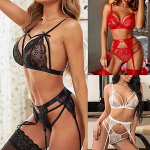 Plus Size Women Lingerie Set with Garter Belt 3 Piece Sexy Strap Bra&Panty Teddy - Picture 1 of 26