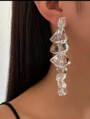 Clear Acrylic Earrings Long Ice Cube Transparent Chunky Statement Earrings Big - Image 1 of 4