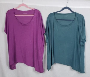Eileen Fisher 2 Tee Shirts L Purple and Green Slub 100% Linen Loose Boxy Casual - Picture 1 of 12