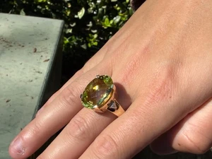 14K Yellow Gold LARGE 18.30ct Oval Lemon Quartz and Diamond Accent Ring Size 8.5 - Picture 1 of 24