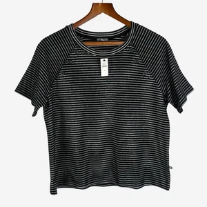 T By Talbots Terry Button Detail Raglan Tee M Striped Black Neon Side Slit NEW - Picture 1 of 10