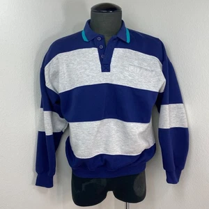Vintage Y2K Mens Wide Blue & Light Gray Stripe Rugby Sweatshirt Large Claybrooke - Picture 1 of 9