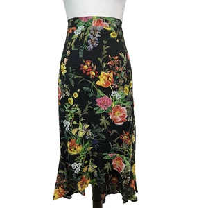 Westport Skirt Plus sz 1X Black Pink Yellow Floral Sheer A Line High Low Ruffle - Picture 1 of 12