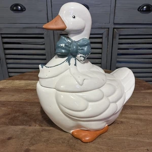 VINTAGE 80s Ceramic Country Kitchen Goose COOKIE JAR Blue Bow, 13.5" - Picture 1 of 11
