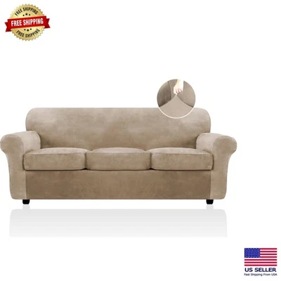 Transform Your Sofa with this Luxury Camel Velvet 4 Piece Cover for Seamless Fit - Image 1 of 4