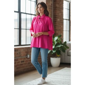 $228 Sara Campbell Sz M SILK Blouse Top Shirt Fuchsia Pink Dressy Evening - Picture 1 of 10