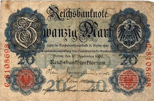 Banknote Germany (Empire) 20 Mark 1909 P37, 7 digit serial #, Underprint S - Foto 1 di 2