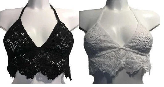 Floral Crochet Crop Top Bralet Bralette Bra No Padding Slip On Open Back Sheer - Image 1 of 1