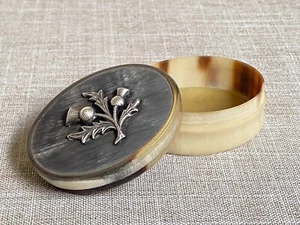 Antique c1880 Victorian Silver Thistle Mounted Oval Scottish Horn Snuff box - Imagen 1 de 18