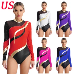 Women Dancewear Cutout Leotard Patchwork Bodysuit Sexy Dress Long Sleeve Mini - Picture 1 of 52