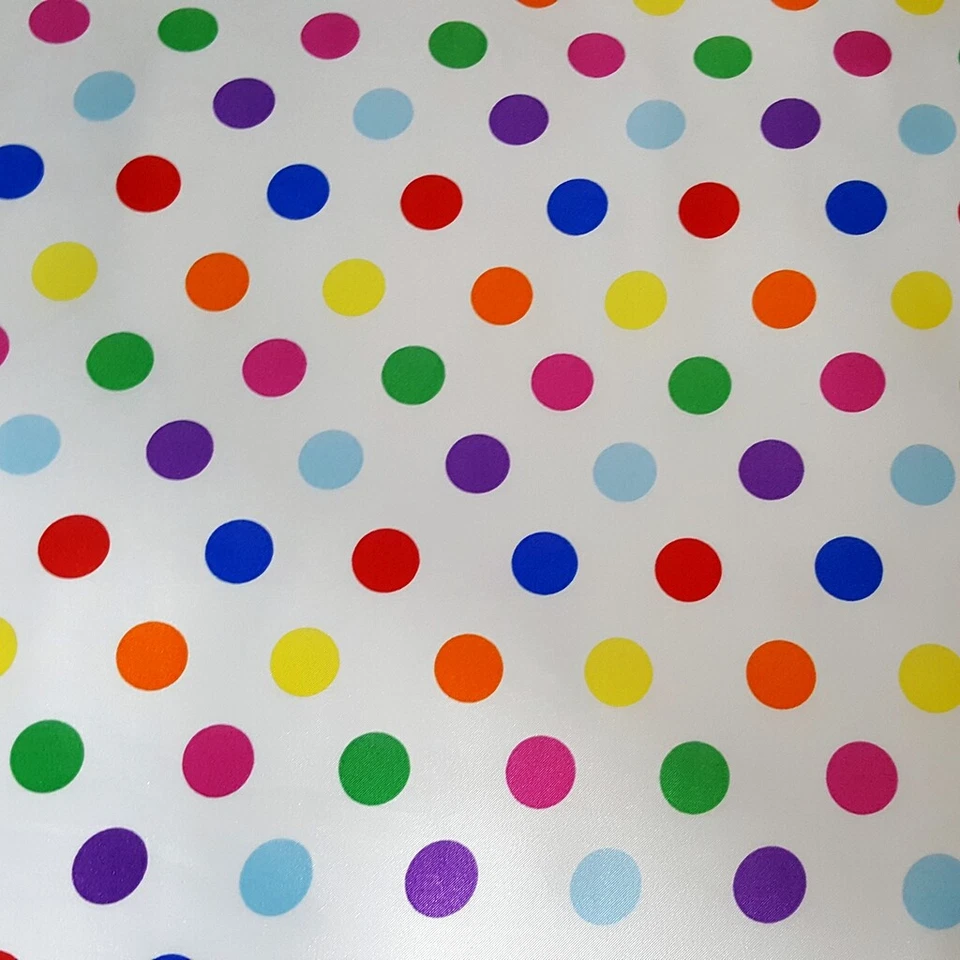 MULTI COLOR POLKA DOT ON WHITE SATIN CHARMEUSE FABRIC 3/4" DOT 58" BY THE YARD  - Image 1 of 4