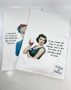 Set Of 2 Large Cora&Pate 100% Cotton Funny Housewife Kitchen Towels 28”/28” - Picture 1 of 10