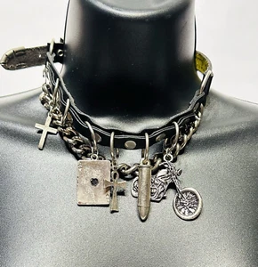 Vintage 1990s Metal Black Leather Biker Chain Choker Collar Rock Made In USA - Bild 1 von 22