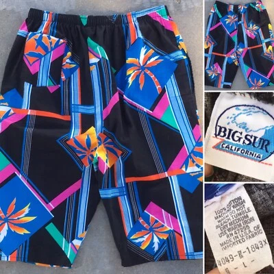 Pantalones Cortos De Colección Big Sur California Años 80 Neón Geométrico Palmeras Playa Surf Talla L Foto 1 de 4