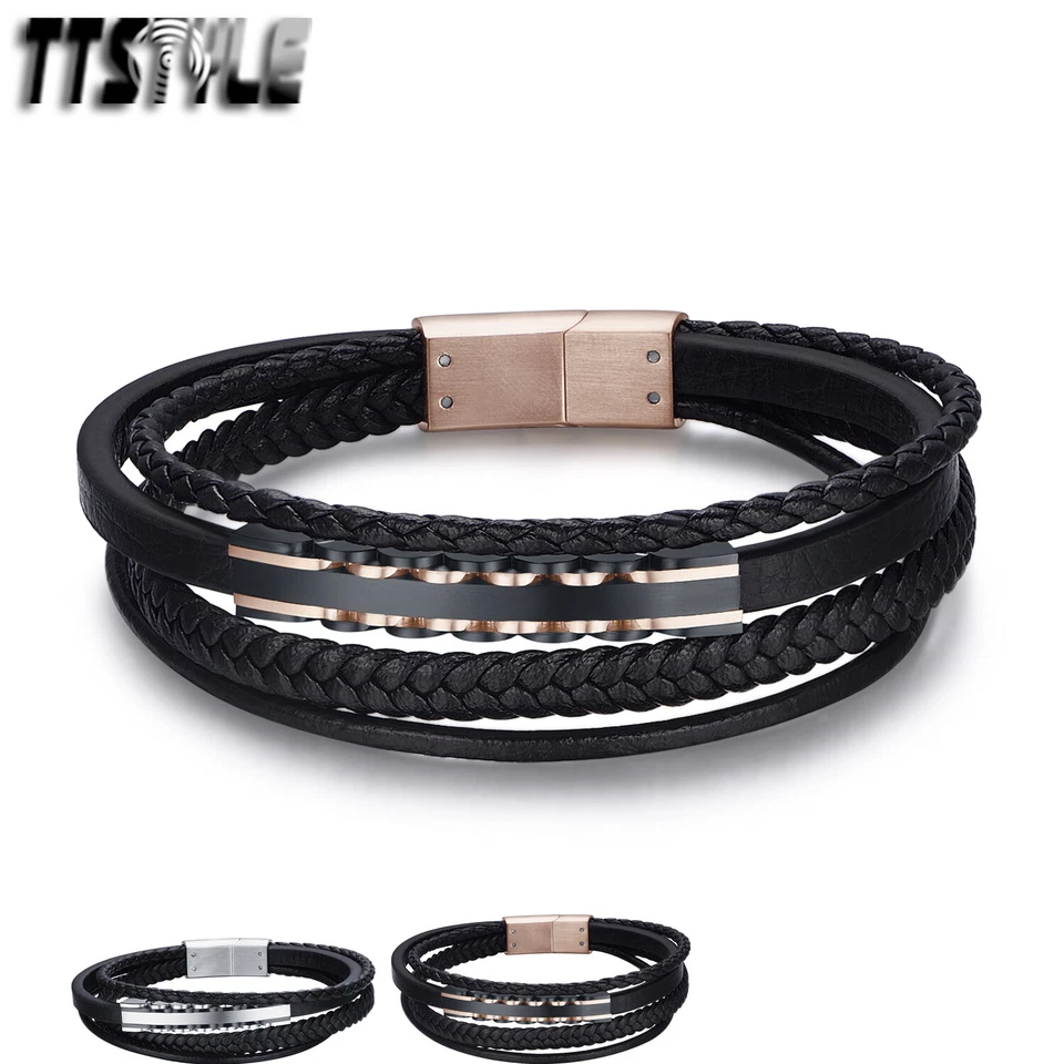 Pulsera Pulsera TTstyle Cuero Negro Acero Plata/Oro Rosa Placa de Identificación NUEVA Foto 1 de 1