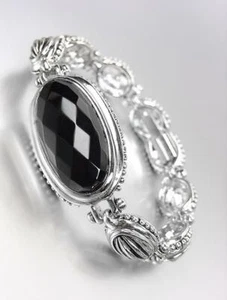GORGEOUS 18kt White Gold Plated Cable Dots Black Onyx Medallion Links Bracelet - Picture 1 of 8