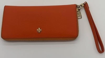 Tory Burch Wallet Mandarin Orange Leather Zip Around Logo Wristlet - Image 1 of 4