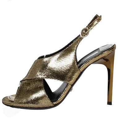 Diane von Furstenberg Gold Leather Lizard Print Sandals Heels, 11B Made In Italy - Image 1 of 4