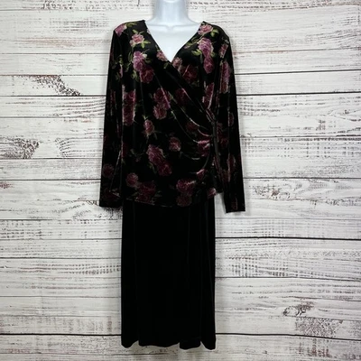 Coldwater Creek Dress Womens Size 10 Black Floral Wrap Velvet Long Sleeve Midi - Image 1 of 4
