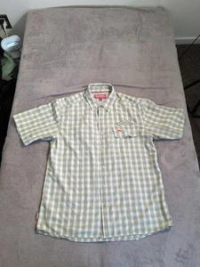 Simms Fishing Shirt Short Sleeve Pearl Snap Size Large Green Stripe Plaid  - Picture 1 of 7