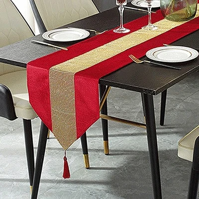 Shiny Bling Gold Red Thick Velvet Tassels Deco Wedding Bed Table Runner Cloth - Image 1 of 4
