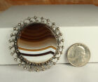 Vintage Banded AGATE GEMstone Pin 2" Made in EGYPT 800 Silver C Clasp Signed