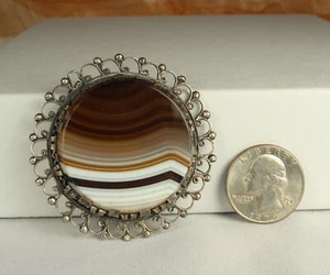 Vintage Banded AGATE GEMstone Pin 2" Made in EGYPT 800 Silver C Clasp Signed - Picture 1 of 8
