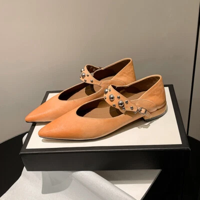 Retro Women Real Leather Rivet Pointed Toe Mary Jane shoes Buckle Low Block Heel - Image 1 of 4