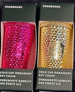 TWO Starbucks 2022 Holiday Metallic Gold + Sangria Cold Cup Ornament Key Chain - Picture 1 of 4