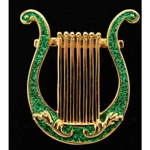 Broche prendedor arpa irlandesa vintage brillo esmalte dorado verde San Patricio años 80 BinA4 - Imagen 1 de 12