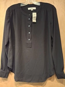 Neu Neu mit Etikett Ann Taylor Loft SM P schwarz LS Top Popover kragenlos seidig Poly bügelfrei - Bild 1 von 5