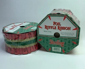 Vintage Sterling Foil Ruffle Ribbon 3” Red Gold Green - 2 Rolls 50 Feet Total - Picture 1 of 5
