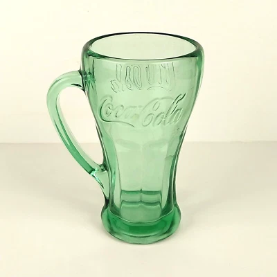 "Taza de vidrio grueso en relieve verde Coca Cola vintage con mango 12 oz 6"" de alto" Foto 1 de 4