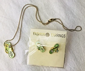 Green Flip Flop Flower Sandal Earrings-16" Necklace (Green Crystal Costume) NEW - Picture 1 of 12