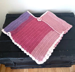 Handmade Crochet Girls Poncho Pinks Blues Purples Toddler Youth Capelet Cozy - Picture 1 of 9