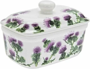 China Butter Dish Thistle Purple Flowers Ceramic Keeper with Lid Scottish Plant - Picture 1 of 2