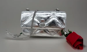 AUTH NWT Tory Burch Kira Logo Diamond Metallic Quilt Flap Mini Crossbody-Silver - Picture 1 of 20
