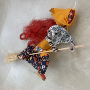 Vintage Kitchen Witch ? Red Hair 7-8" Riding On Broom - Picture 1 of 11