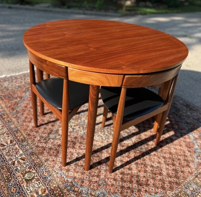 "Juego de comedor redondeado de teca danés Hans Olsen Frem Rojle de colección mesa + 4 sillas 42""" Foto 1 de 4