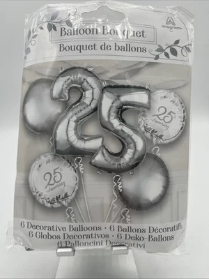 25th Anniversary Balloons Silver & White Foil - 6 Decorative Balloons Free Ship - Image 1 of 4
