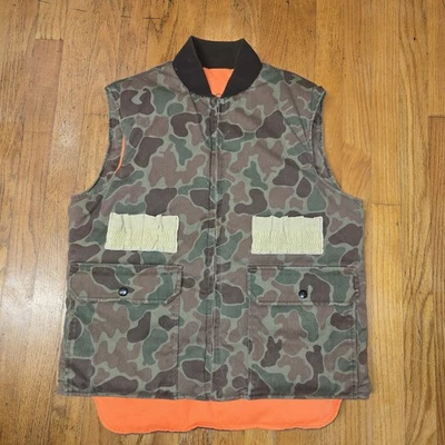 Vintage 90s Woolrich Mens Camo/Orange Reversible Down Hunting Vest USA Adult M - Image 1 of 4