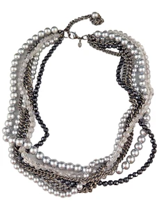 Multi Chain Strand Necklace Statement 6 Strands Faux Crystal Pearl Chains Marked - Picture 1 of 6