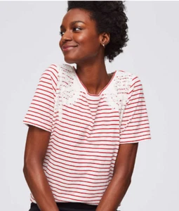 NEW NWT Loft Striped Lace Applique Tee Color: White/Red Size: XS, S or M - Picture 1 of 3