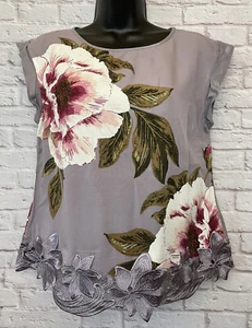 OASIS 10/S Vgc Lilac Grey Floral Lace Hem Sleeveless Top - Picture 1 of 12