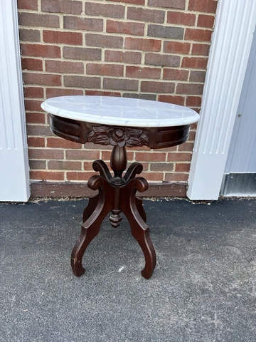 Vintage Victorian Round Italian Marble Top Carved Roses Mahogany Side End Table Cover