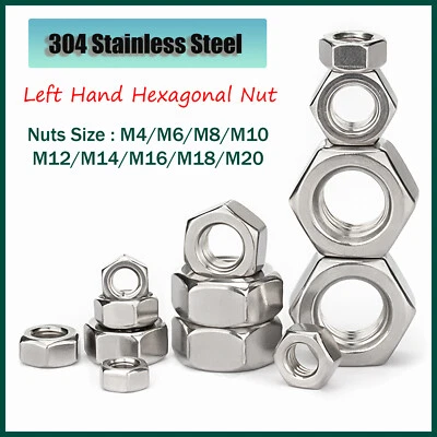 Left Hand Hex Full Nuts A2 Stainless Steel M4 M5 M6 M8 M10 M12 M14 M16 M18 M20 - Image 1 of 4