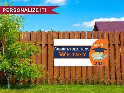 Banner de fiesta de graduación personalizado 18"x36" azul marino y naranja clase de 2024 Foto 1 de 2