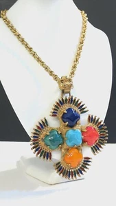 Vintage Lawrence Larry Vrba Gold Tone Aztec Maltese Cross Castlecliff Necklace - Picture 1 of 11