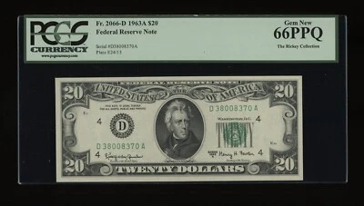 DBR 1963-A $20 FRN Cleveland Gem Fr. 2066-D PCGS 66 PPQ Serial D38008370A - Image 1 of 2