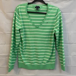 Tommy Hilfiger Womens Size XL Green White Stripe V Neck Sweater Pima Blend - Picture 1 of 6